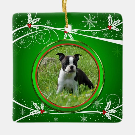 Bright Green Red and White Holly Pet Photo Ceramic Ornament