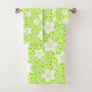 Bright green retro polka dots with floral pattern  bath towel set