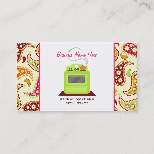 Bright Green Retro Stove Paisley Chef Caterer Business Card (Front)