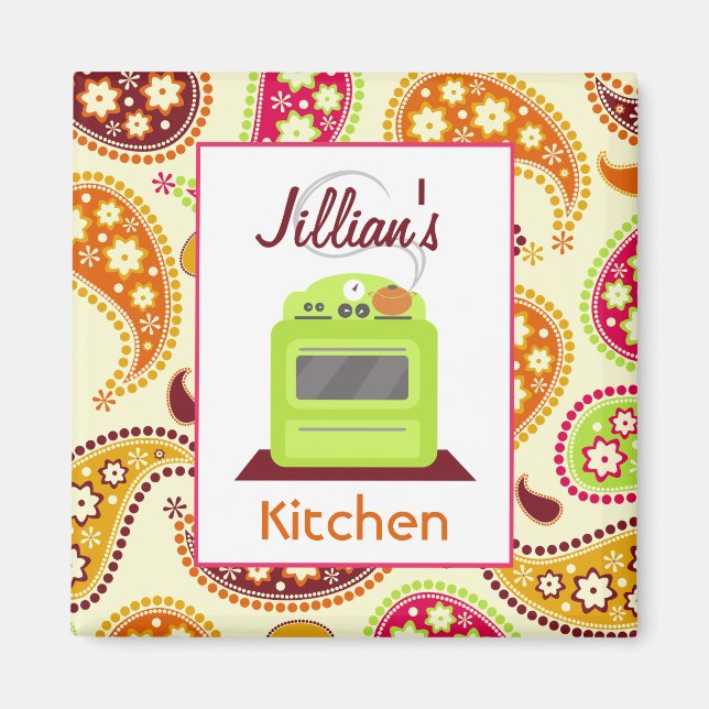 Bright Green Retro Stove & Paisley Kitchen Magnet (Front)
