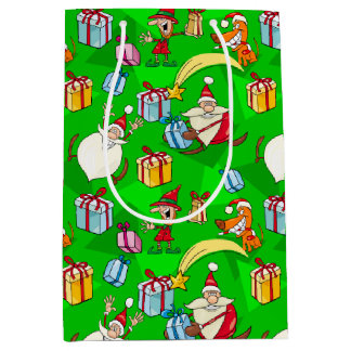 Bright Green Santa & Elves Christmas Medium Gift Bag