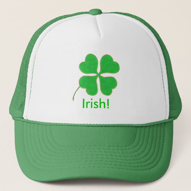 Bright Green Shamrock Gold Dots Trim, Irish hat (Front)