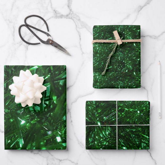 bright green shiny christmas tree tinsel wrapping paper sheets (Front)