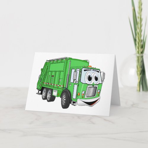 Bright Green Smiling Garbage Truck Cartoon Card