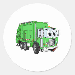 Bright Green Smiling Garbage Truck Cartoon Classic Round Sticker