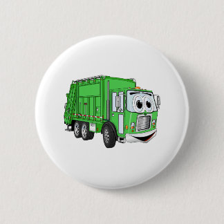 Bright Green Smiling Garbage Truck Cartoon Pinback Button