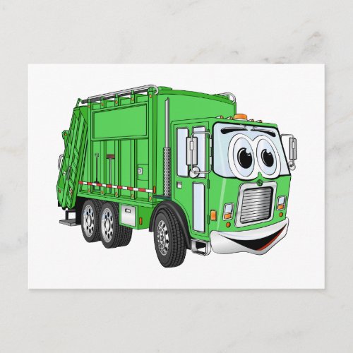 Bright Green Smiling Garbage Truck Cartoon Postcard