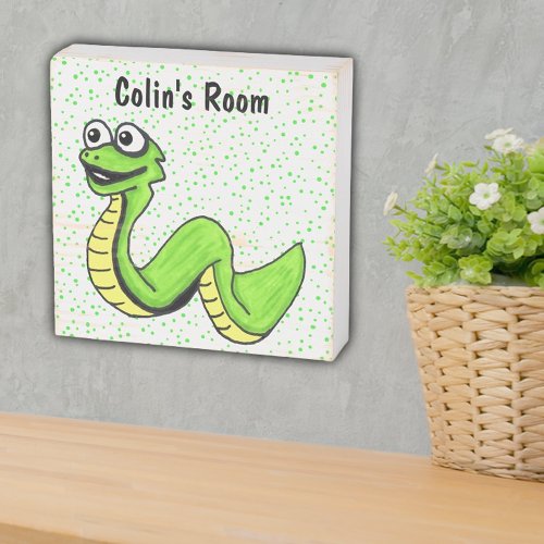 Bright Green Smiling Snake White Eyes Green Dots Wooden Box Sign