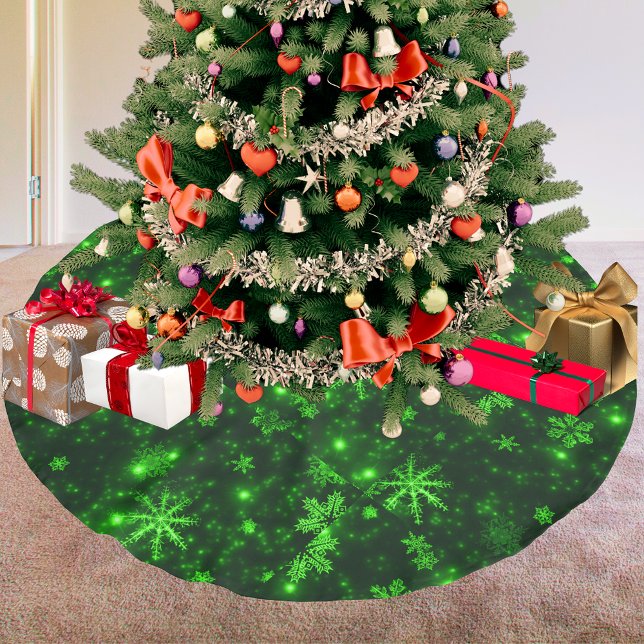 Bright Green Snowflakes Sparkling Christmas Brushed Polyester Tree Skirt (Snowflakes and Deep Green Background Tree Skirt)