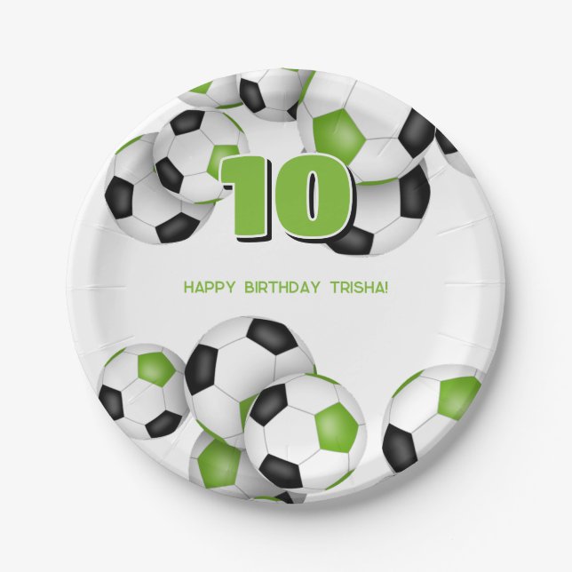 bright green soccer balls sports birthday party paper plates (Front)