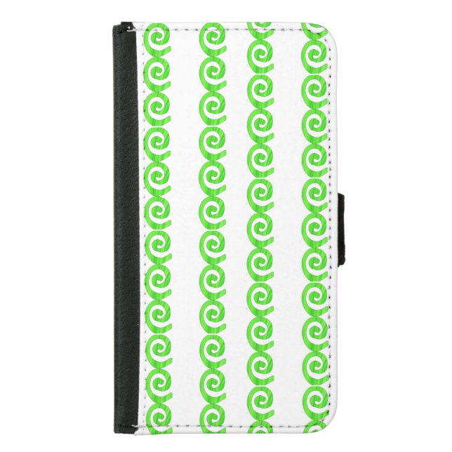 Bright green spirals pattern on white samsung galaxy wallet case (Front)
