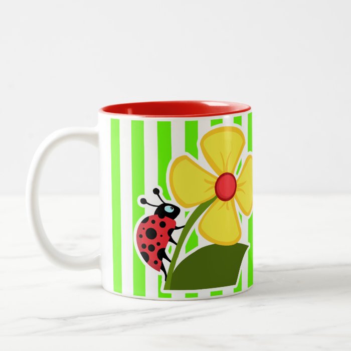 Bright Green Stripes; Ladybug Mug