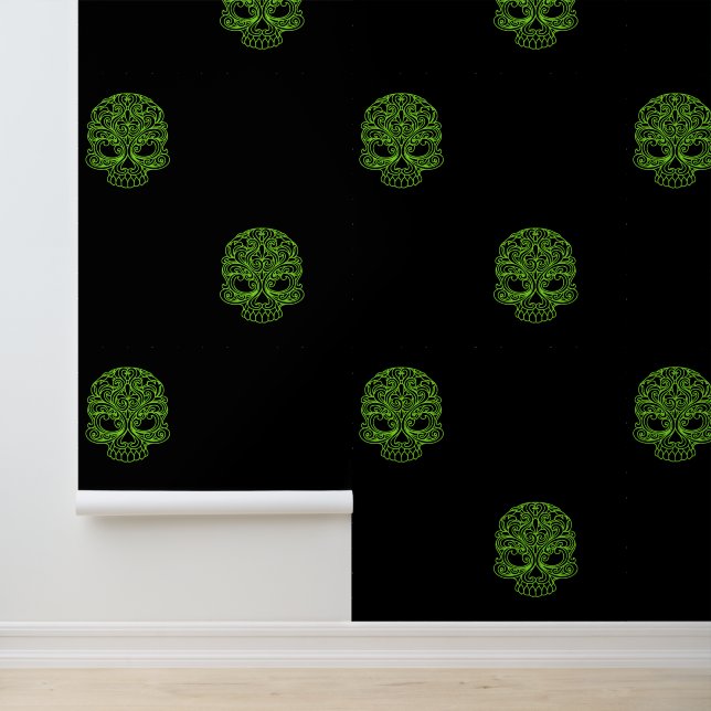 Bright Green Sugar Skulls on Black Wallpaper (Application)