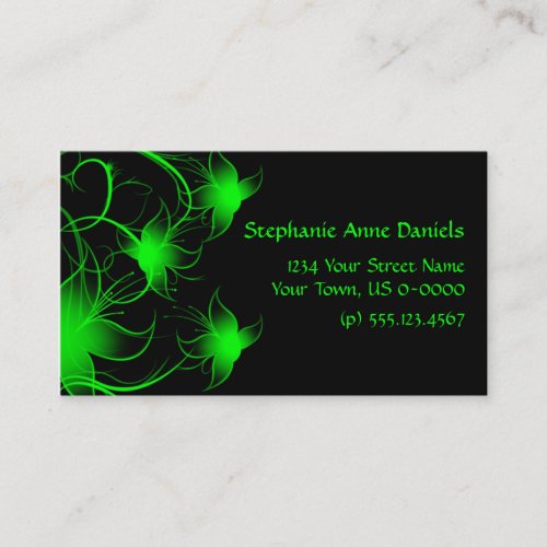 Bright Green Swirly Flowers on Black Business Card