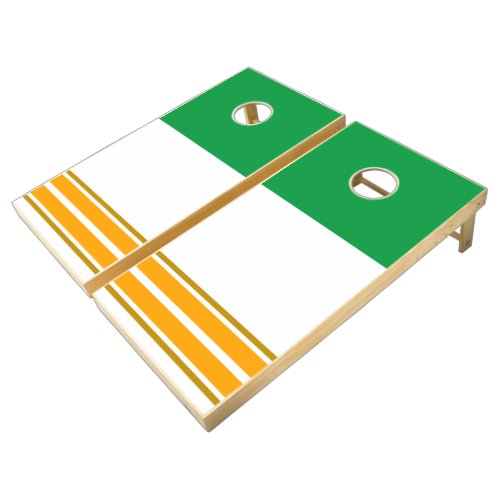 Bright Green Top Yellow Racing Stripes Base White Cornhole Set