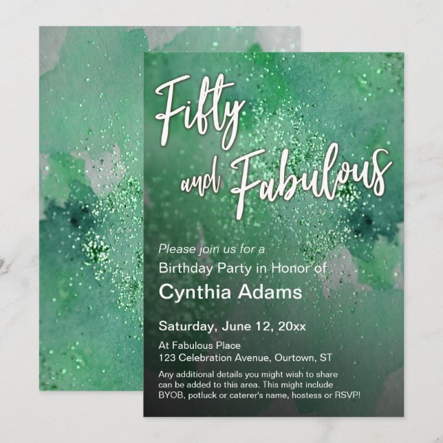 Bright Green Watercolor Glitter Fifty and Fabulous Invitation (Front/Back)