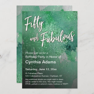 Bright Green Watercolor Glitter Fifty and Fabulous Invitation