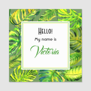 Bright Green Watercolor Palm Leaves Large Square Name Tag
