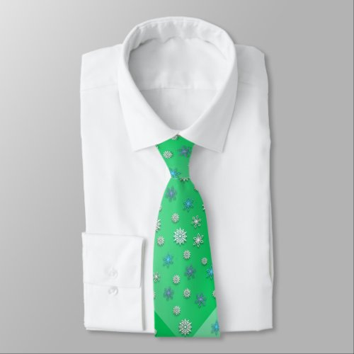 Bright Green With Blue Purple and White Snowflakes Neck Tie