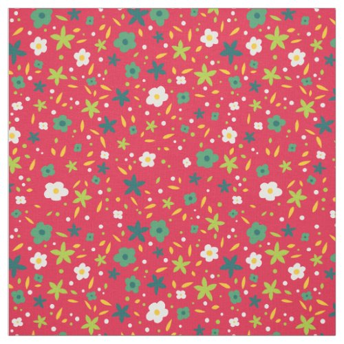 Bright Greens and Red Cute Ditsy Floral Pattern Fabric