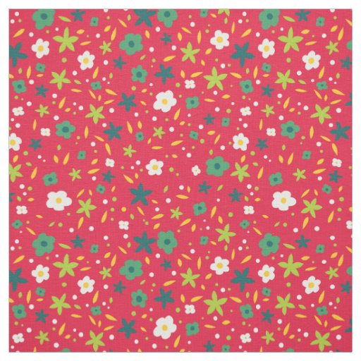 Bright Greens and Red Cute Ditsy Floral Pattern Fabric