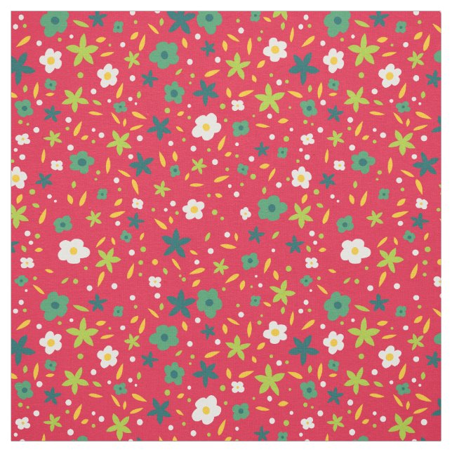 Bright Greens and Red Cute Ditsy Floral Pattern Fabric (Swatch)