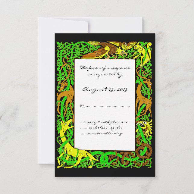 Bright Greens Celtic Animals Design Wedding RSVP Card (Front)