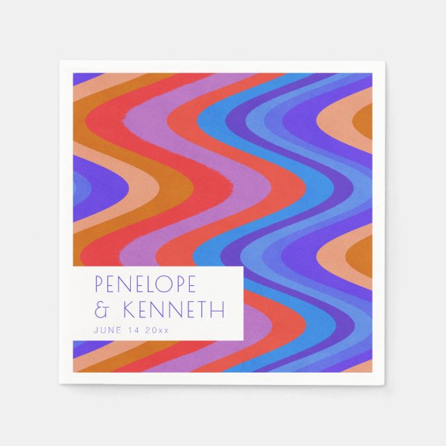 Bright Groovy Retro Blue Purple Wedding Custom Napkins (Front)