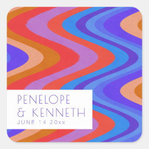 Bright Groovy Retro Blue Purple Wedding Custom  Square Sticker