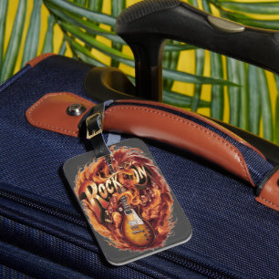 Bright guitar surrounded by flames and music notes luggage tag