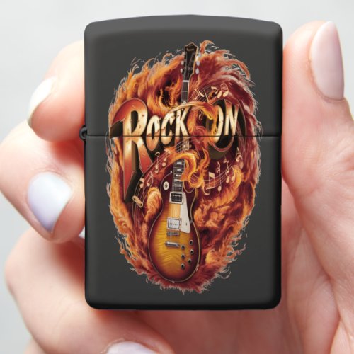 Bright guitar surrounded by flames and music notes zippo lighter