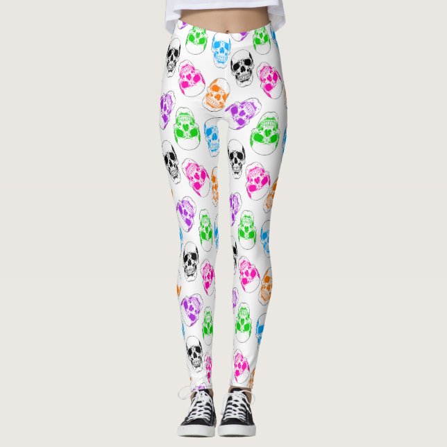 Bright Halloween Colorful Skull Leggings (Front)