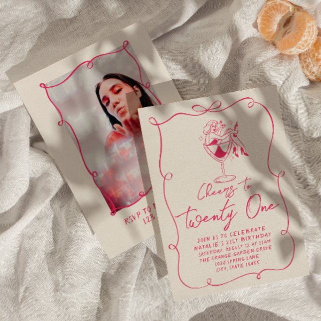 Bright Hand Drawn Bow 21st Photo Birthday Party Invitation (Creator Uploaded)