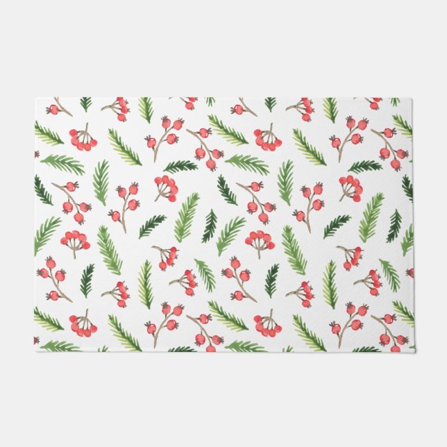 Bright Hand Drawn Christmas Mistletoe Pattern Doormat (Front)