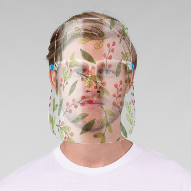 Bright Hand Drawn Christmas Mistletoe Pattern Face Shield (Insitu)