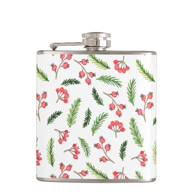 Bright Hand Drawn Christmas Mistletoe Pattern Flask (Front)