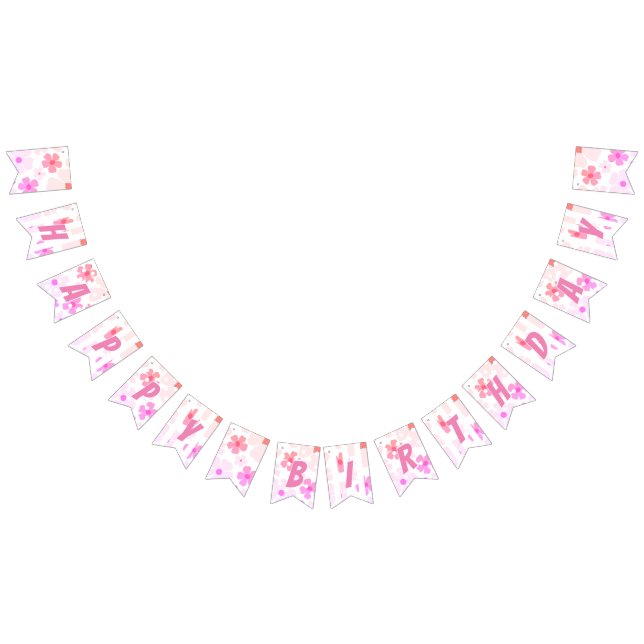 Bright Happy Birthday Bubble Gum Pink Peach Flower Bunting Flags (All)