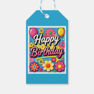 Bright Happy Birthday Flowers and Balloons Blue Gift Tags