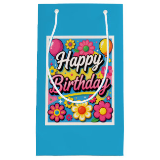 Bright Happy Birthday Flowers and Balloons Blue Small Gift Bag