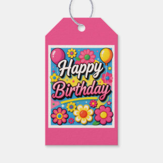 Bright Happy Birthday Flowers and Balloons Gift Tags