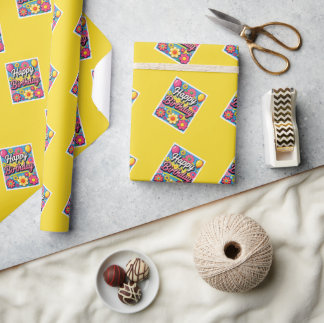 Bright Happy Birthday Flowers and Balloons Wrapping Paper