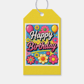Bright Happy Birthday Flowers and Balloons Yellow Gift Tags