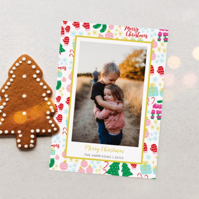 Bright Happy Christmas Pattern Photo Holiday Card (Creator Uploaded)