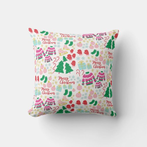 Bright Happy Christmas Pattern Throw Pillow