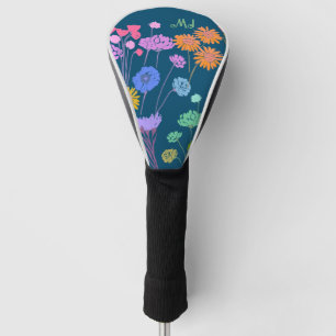 Bright Happy Colorful flowers Dark Teal+Initials Golf Head Cover