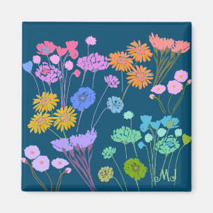 Bright Happy Colorful flowers Dark Teal+Initials Magnet