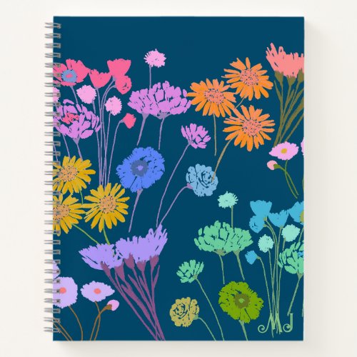 Bright Happy Colorful flowers Dark TealInitials Notebook