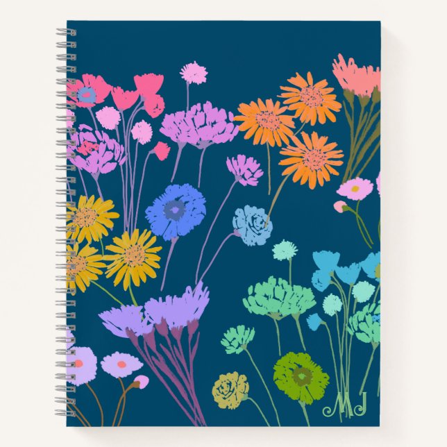 Bright Happy Colorful flowers Dark Teal+Initials Notebook (Front)