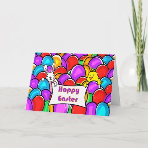 Bright Happy Easter with Chick and Bunny and Sign Card