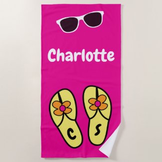 Bright Happy Flip Flops + Shades Name Monogram Beach Towel